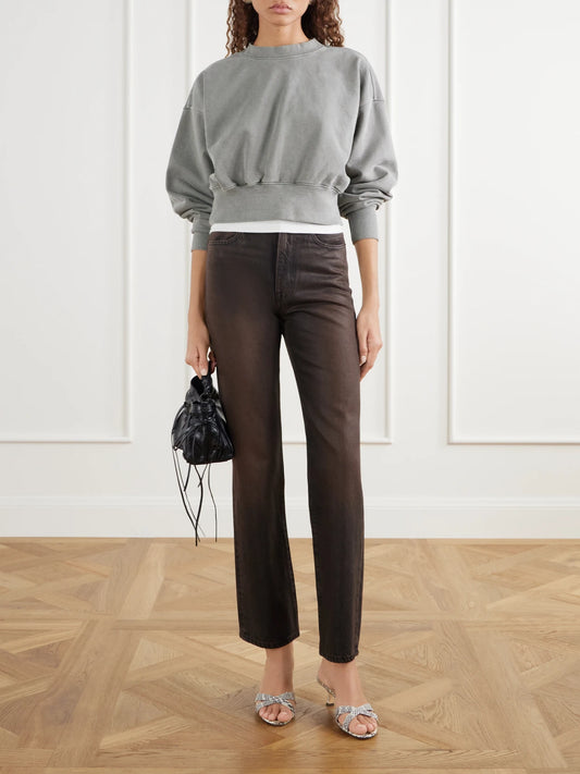 Image of Jeans. Product name - London Waxed High-rise Straight-leg Jeans in Brown colour by brand - SLVRLAKE