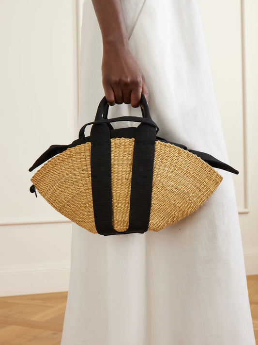 Image of Bags. Product name - Sophie Mini Webbing-trimmed Woven Straw Tote in Brown colour by brand - MUUÑ