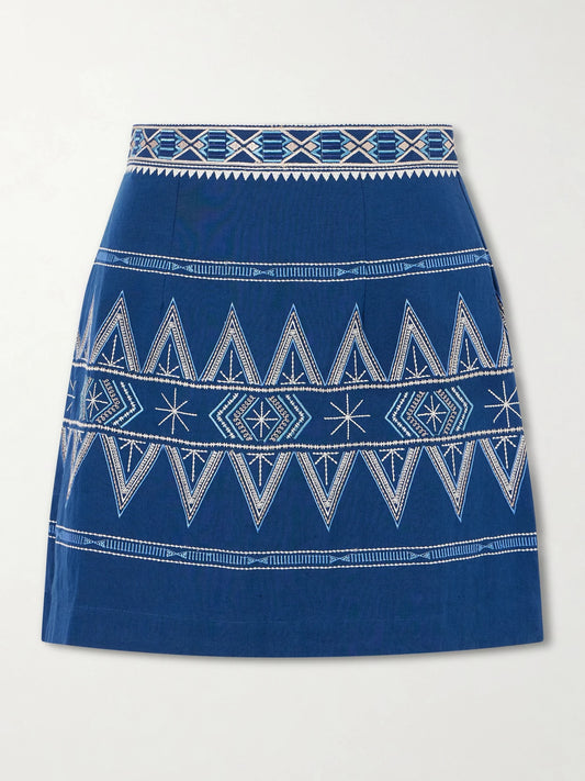 Image of a model wearing Skirts. Product name - Giuliana Embroidered Cotton And Linen-blend Mini Skirt in Blue colour by brand - Emporio Sirenuse
