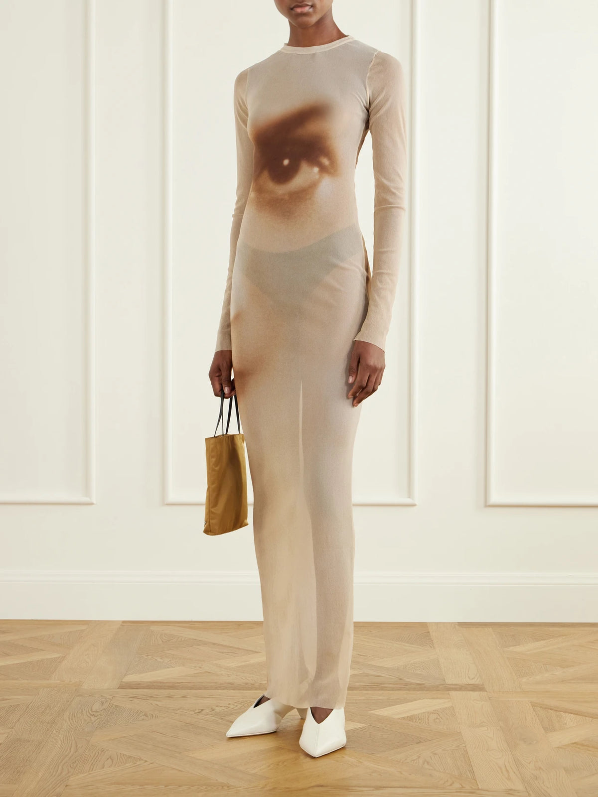 Image of Dresses. Product name - Face Printed Mesh Maxi Dress in Beige colour by brand - Jean Paul Gaultier