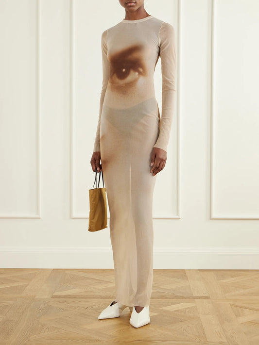 Image of Dresses. Product name - Face Printed Mesh Maxi Dress in Beige colour by brand - Jean Paul Gaultier