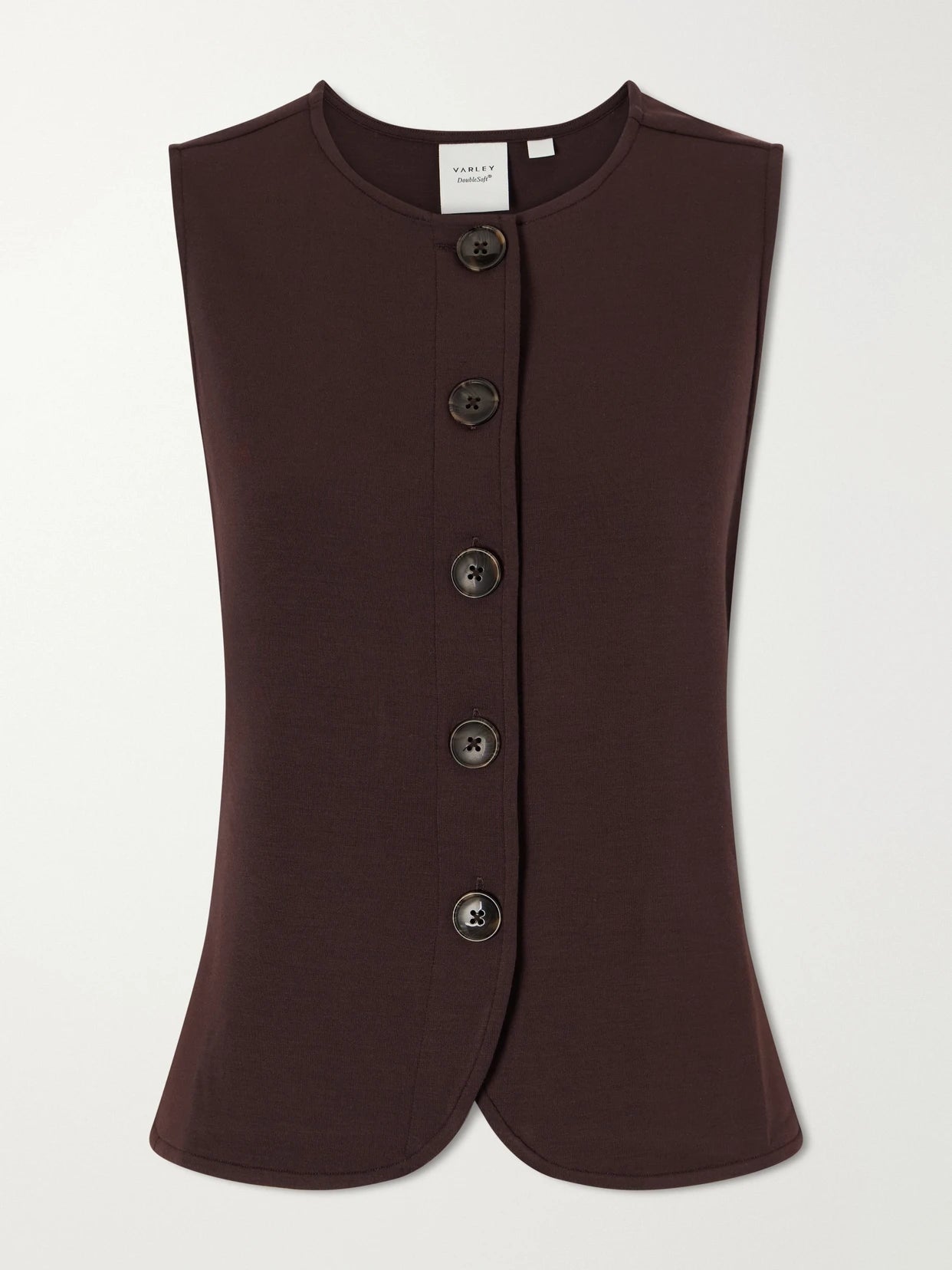 Image of a model wearing Tops. Product name - Josie Jersey Vest in Brown colour by brand - Varley