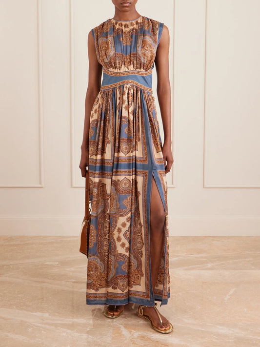 Image of Dresses. Product name - Mahon Gathered Printed Silk Maxi Dress in Multi colour by brand - Zimmermann