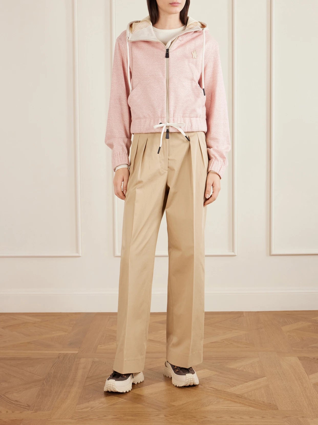 Image of Shoes. Product name - Appliquéd Canvas-trimmed Linen And Cotton-blend Zip-up Hoodie in Baby pink colour by brand - Moncler Grenoble
