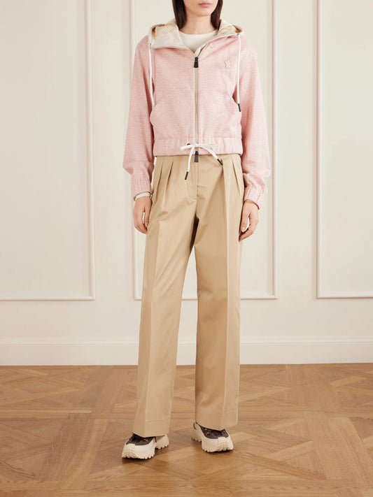 Image of Shoes. Product name - Appliquéd Canvas-trimmed Linen And Cotton-blend Zip-up Hoodie in Baby pink colour by brand - Moncler Grenoble