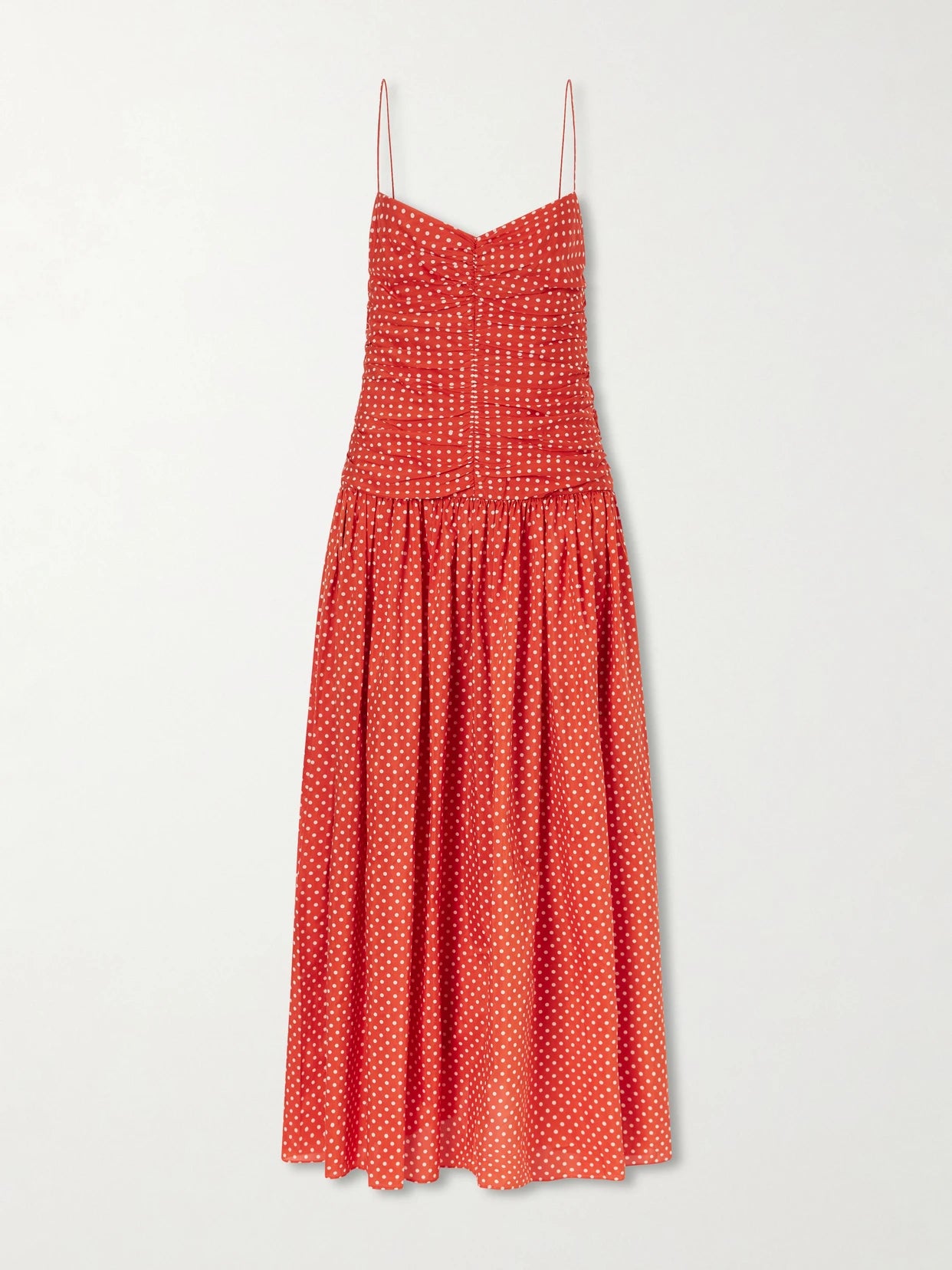 Gathered Polka-dot Organic Cotton And Silk-blend Midi Dress