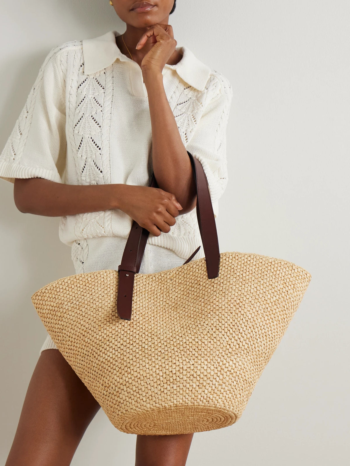 Image of Bags. Product name - Bianca Large Leather-trimmed Raffia Tote in Sand colour by brand - LIÉ STUDIO