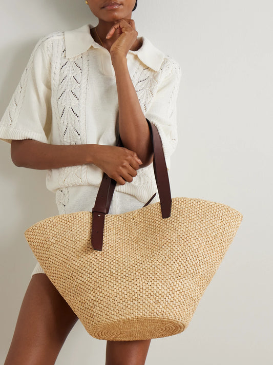 Image of Bags. Product name - Bianca Large Leather-trimmed Raffia Tote in Sand colour by brand - LIÉ STUDIO