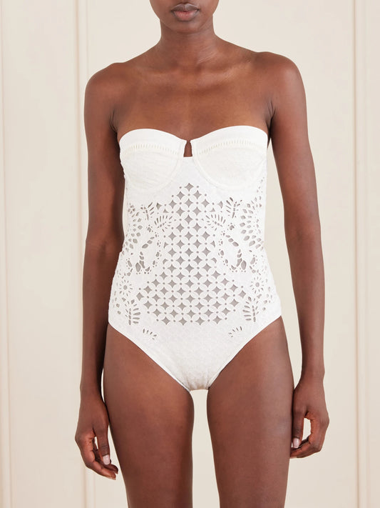 Image of Swimwear. Product name - Indra Strapless Broderie Anglaise Swimsuit in Ivory colour by brand - Zimmermann