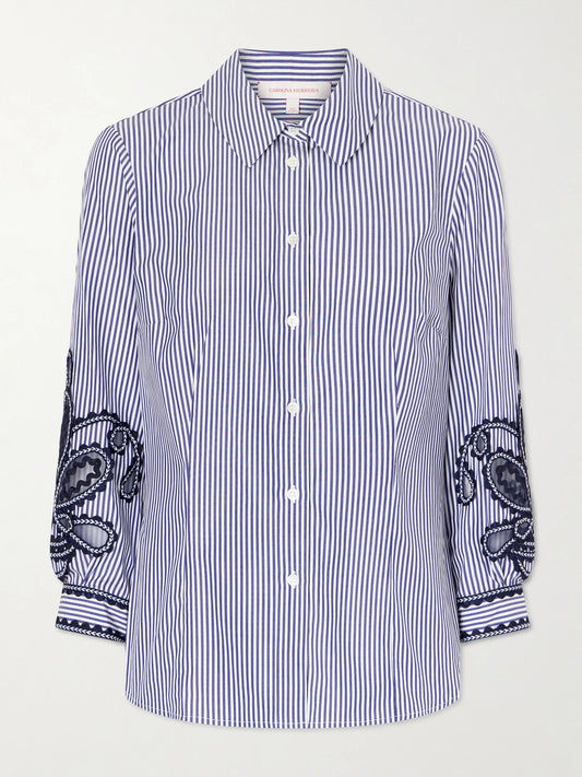 Image of a model wearing Tops. Product name - Embroidered Striped Cotton-poplin Shirt in Blue colour by brand - Carolina Herrera