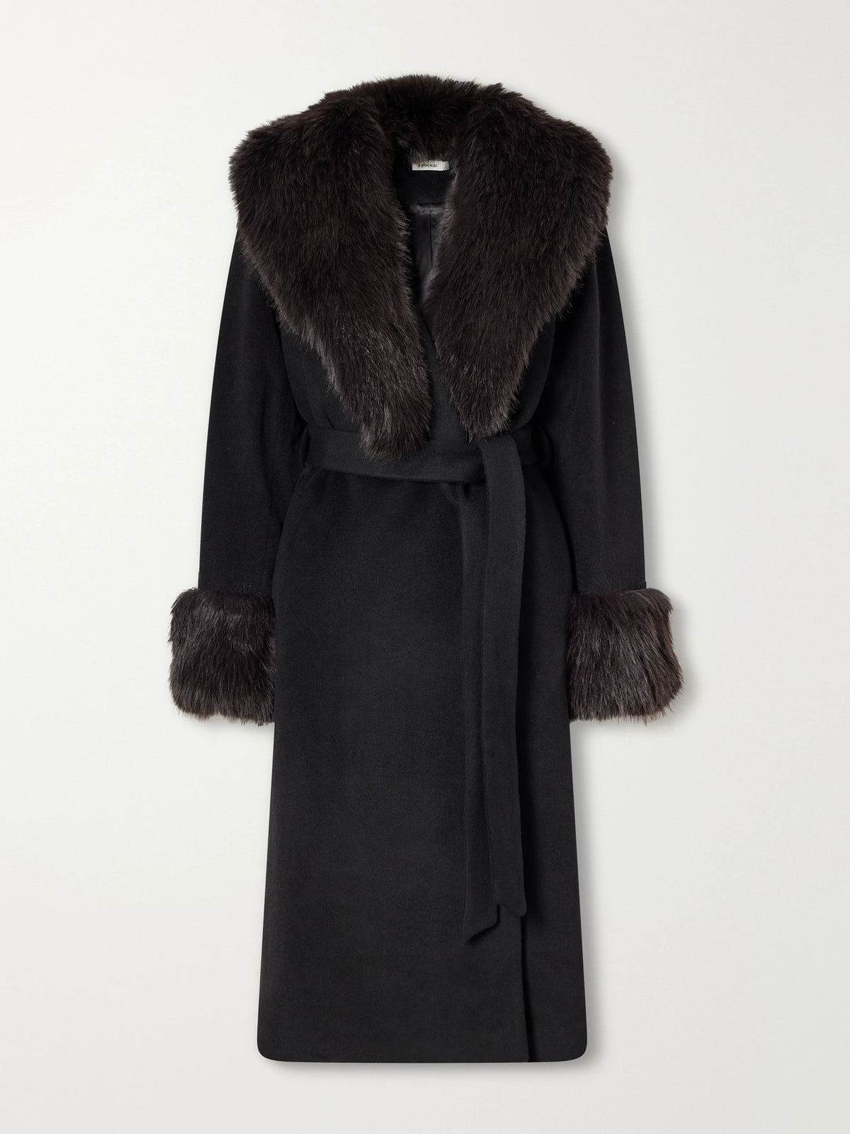 SIMKHAI Kinsley Belted Plush-trimmed Wool-blend Melton Coat