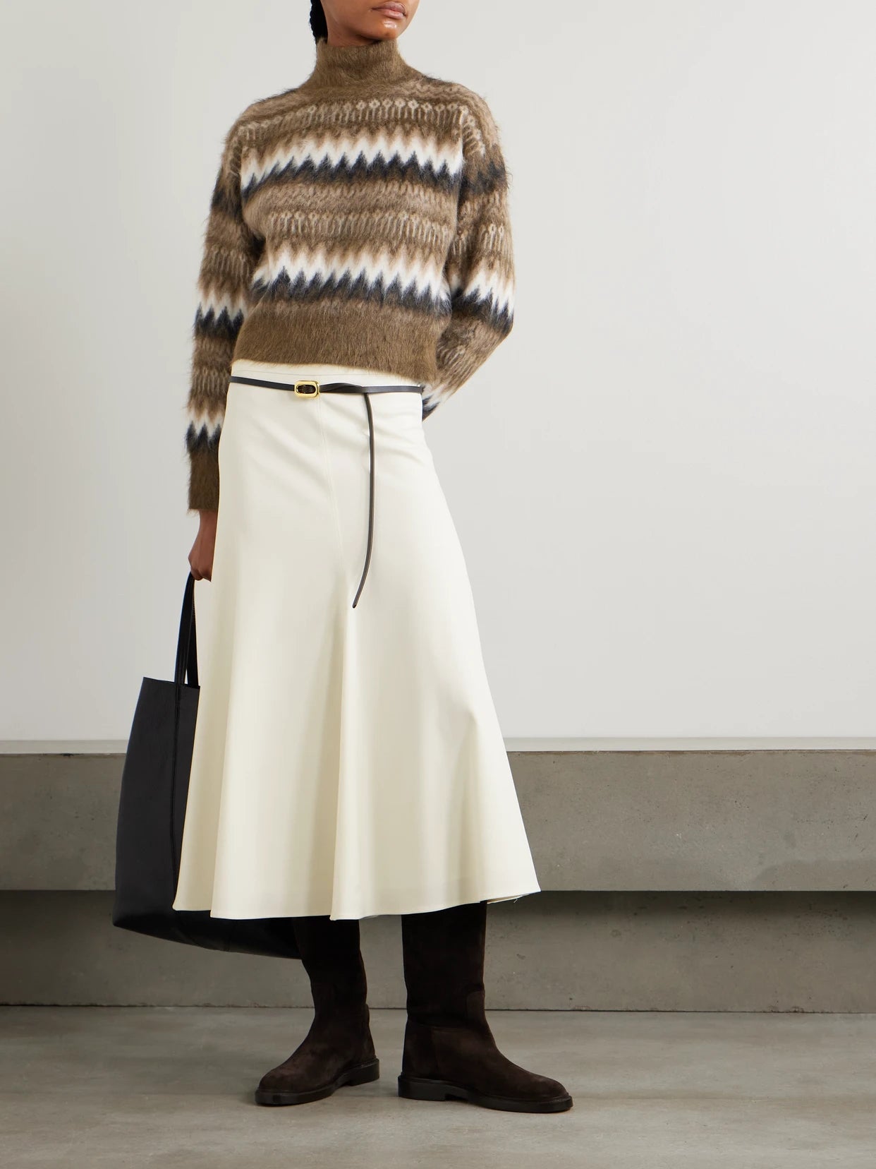 Image of a model wearing Outerwear. Product name - Cropped Brushed Intarsia-knit Turtleneck Sweater in Brown colour by brand - Brunello Cucinelli