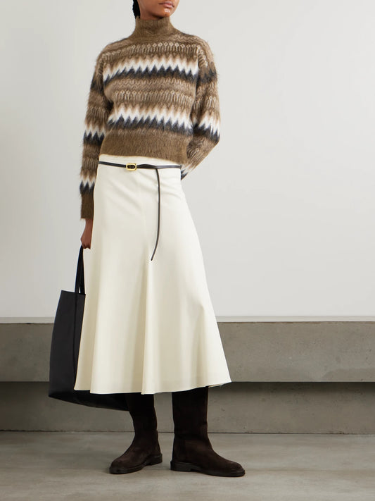 Image of a model wearing Outerwear. Product name - Cropped Brushed Intarsia-knit Turtleneck Sweater in Brown colour by brand - Brunello Cucinelli