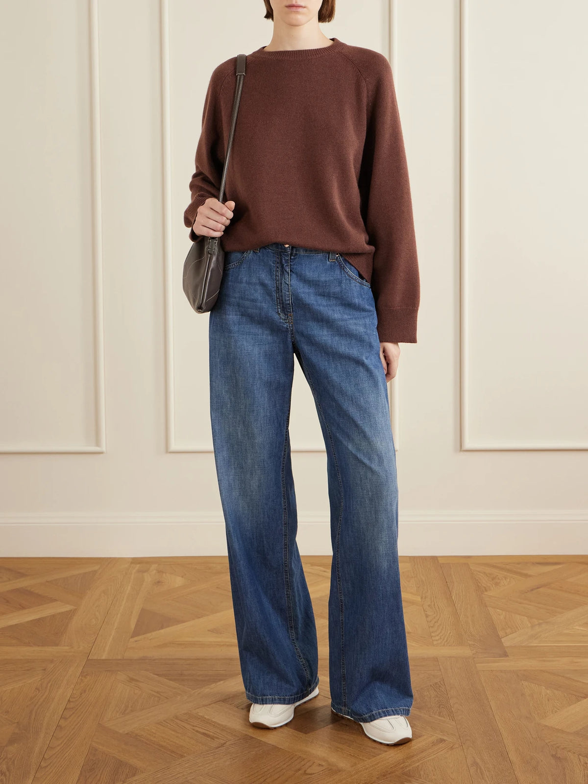 Image of a model wearing Outerwear. Product name - Cashmere Sweater in Brown colour by brand - Brunello Cucinelli