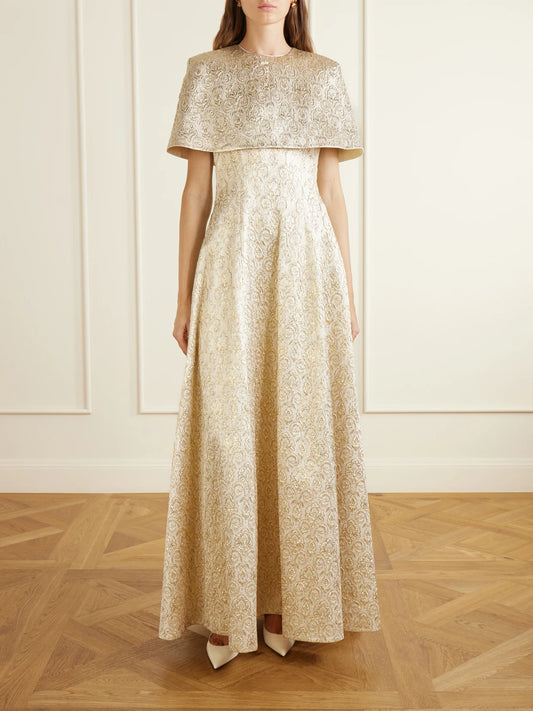 Image of Dresses. Product name - Lucretia Metallic Jacquard Gown in Gold colour by brand - Emilia Wickstead
