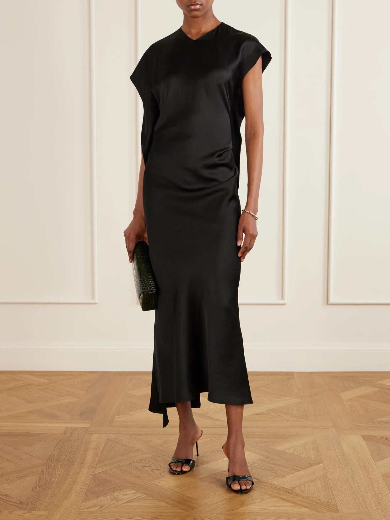 Image of Dresses. Product name - Victoria Gathered Satin Midi Dress in Black colour by brand - Victoria Beckham