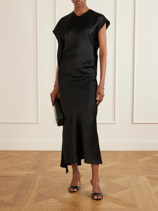 Image of Dresses. Product name - Victoria Gathered Satin Midi Dress in Black colour by brand - Victoria Beckham