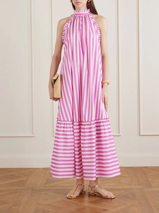 Image of Dresses. Product name - Melinda Ruched Striped Cotton-poplin Halterneck Maxi Dress in Pink colour by brand - Loretta Caponi