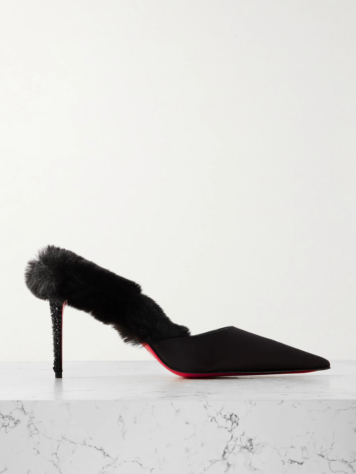 Plush-trimmed Satin Mules