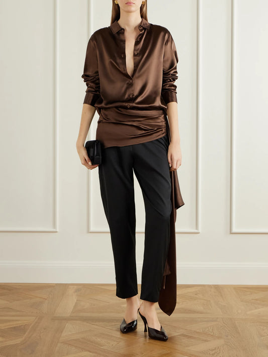 Image of a model wearing Pants. Product name - Draped Satin-trimmed Wool-blend Twill Straight-leg Pants in Black colour by brand - Abadia
