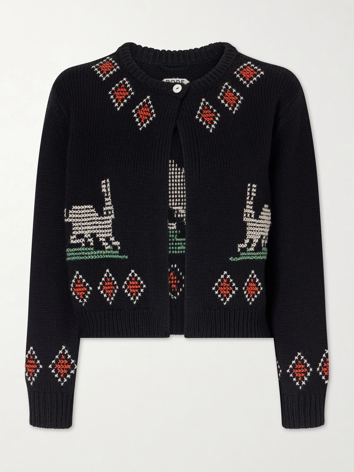 Image of a model wearing Outerwear. Product name - Bunny Jacquard-knit Wool Cardigan in Black colour by brand - BODE