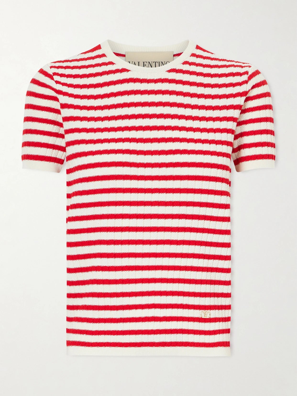 Image of a model wearing Tops. Product name - Embellished Striped Ribbed Cotton T-shirt in Red colour by brand - Valentino Garavani