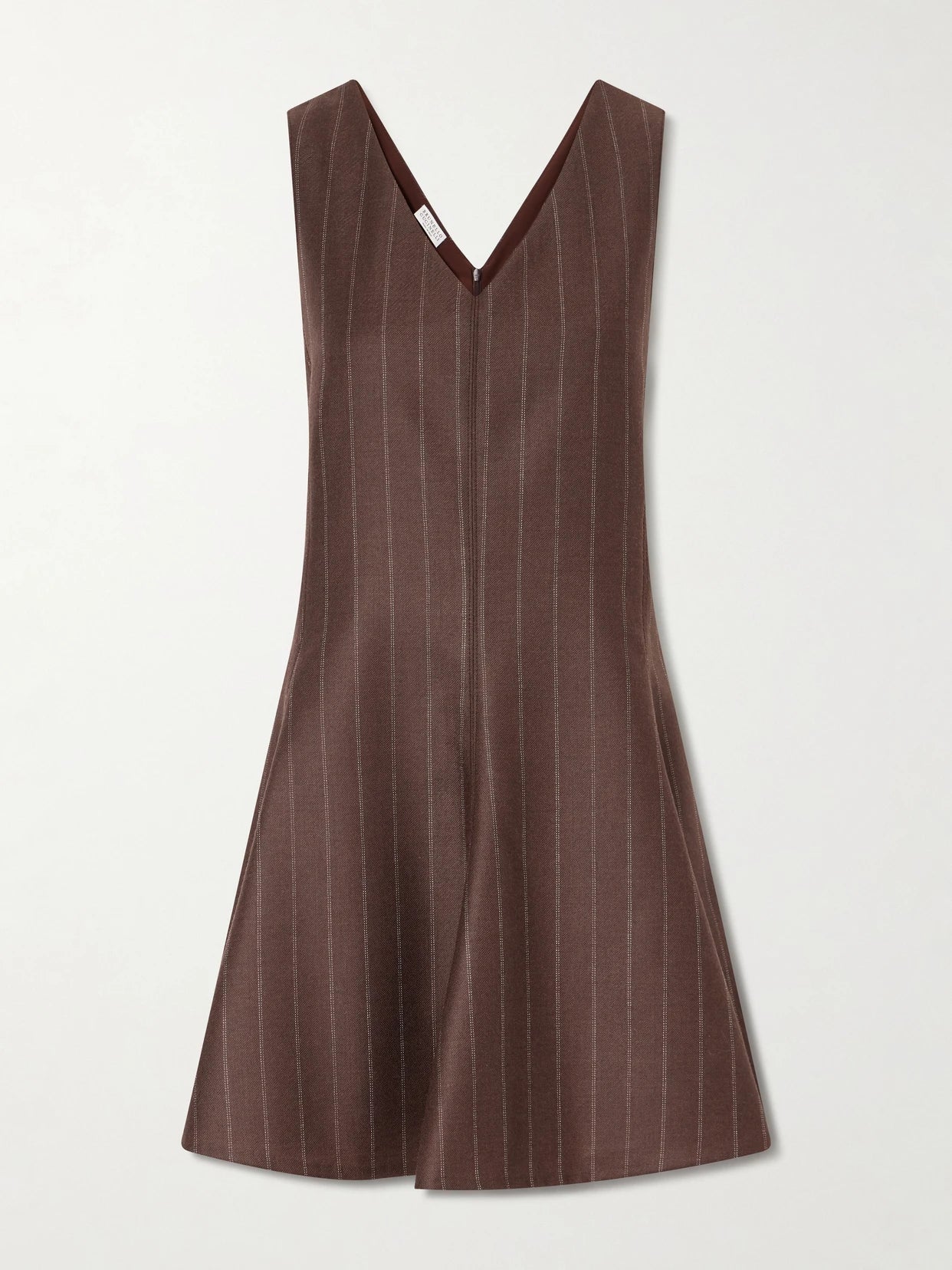 Image of Dresses. Product name - Striped Wool Woven Mini Dress in Dark brown colour by brand - Brunello Cucinelli