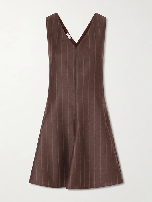 Image of Dresses. Product name - Striped Wool Woven Mini Dress in Dark brown colour by brand - Brunello Cucinelli