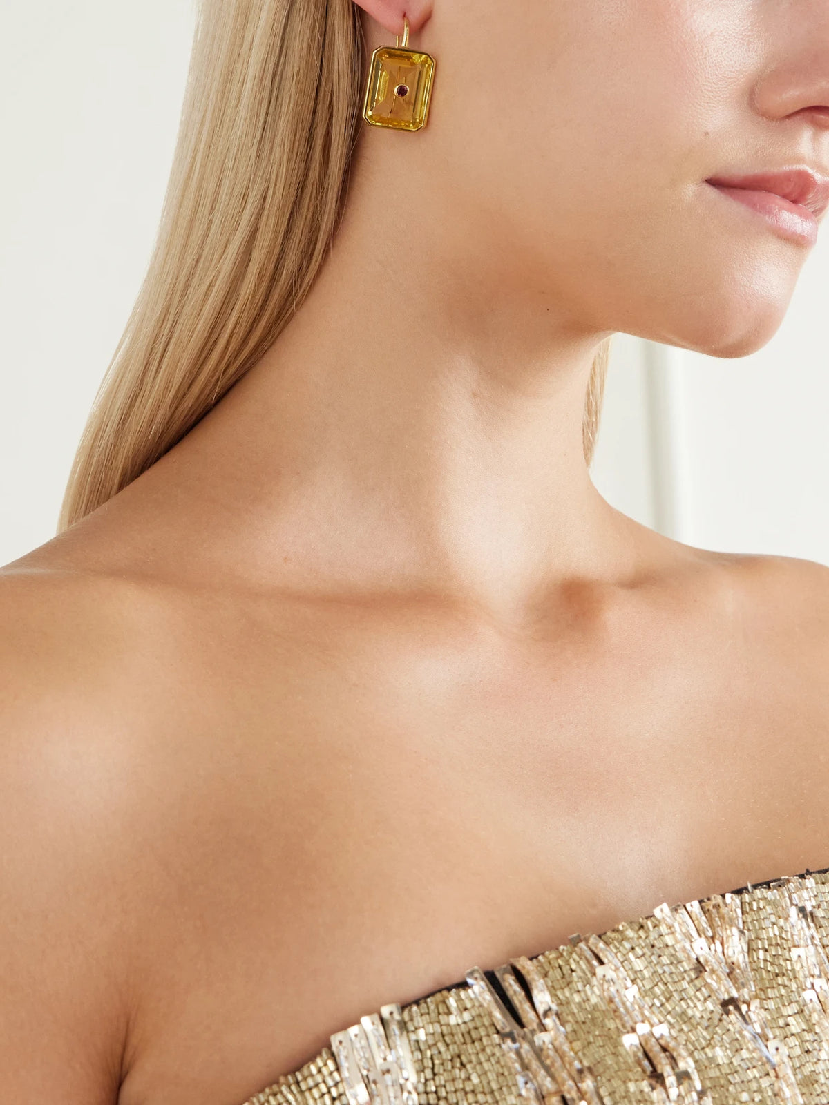 Image of Earrings. Product name - Tile Gold-plated Rhodolite And Glass Earrings in Yellow colour by brand - Lizzie Fortunato