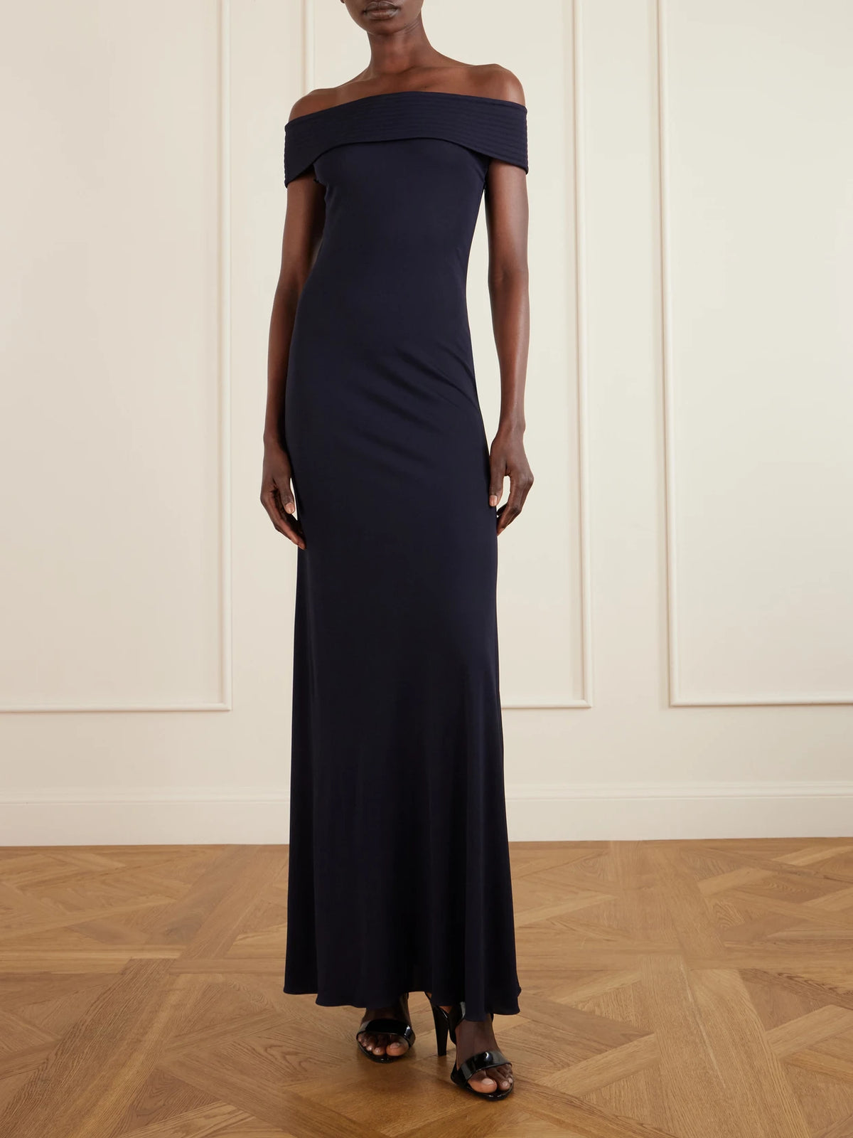 Image of Dresses. Product name - Off-the-shoulder Stretch-jersey Maxi Dress in Navy colour by brand - Alaïa