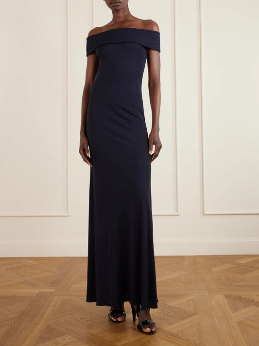 Image of Dresses. Product name - Off-the-shoulder Stretch-jersey Maxi Dress in Navy colour by brand - Alaïa
