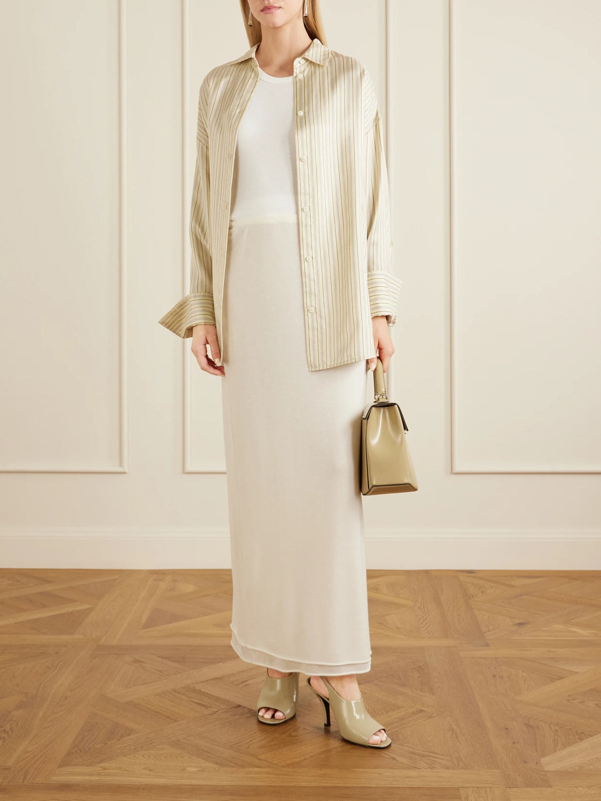 Image of Heels. Product name - Glossed-leather Sandals in Beige colour by brand - TOTEME