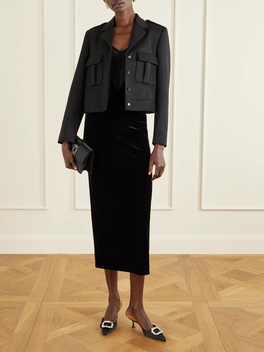 Image of Heels. Product name - Mayjou 50 Crystal-embellished Satin Mules in Black colour by brand - Manolo Blahnik