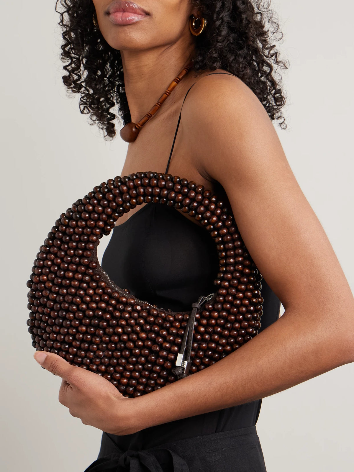 Image of Bags. Product name - Reef Leather-trimmed Beaded Wood Tote in Brown colour by brand - STAUD