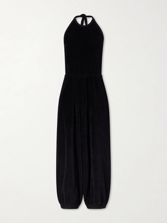 Image of Bodysuits. Product name - Anna Cotton-blend Terry Halterneck Jumpsuit in Black colour by brand - Suzie Kondi