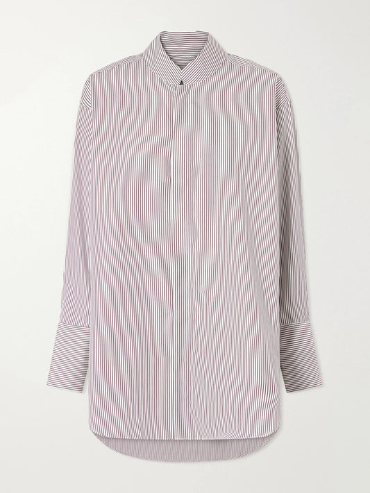 Mandarin-collar Striped Cotton-poplin Tunic