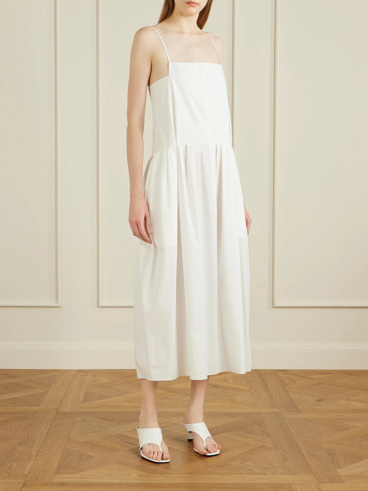 Image of Dresses. Product name - Adira Pleated Cotton-poplin Midi Dress in White colour by brand - KHAITE
