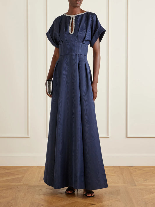 Image of Dresses. Product name - Embellished Moire Gown in Navy colour by brand - Rebecca Vallance