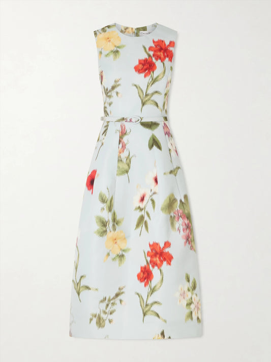 Image of Dresses. Product name - Belted Floral-print Faille Midi Dress in Light blue colour by brand - Oscar de la Renta