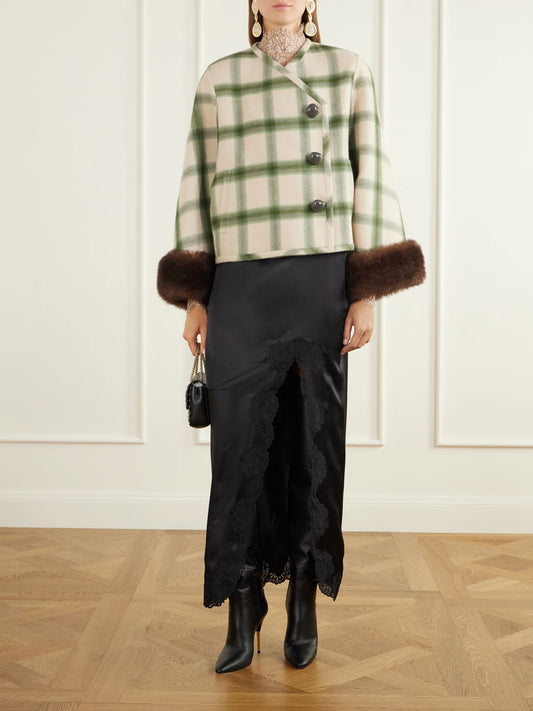 Image of Coats & Jackets. Product name - Cropped Shearling-trimmed Checked Wool-twill Jacket in Cream colour by brand - Valentino Garavani