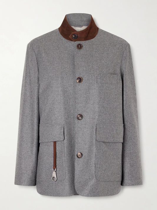 Image of Coats & Jackets. Product name - Roadster Suede-trimmed Wool And Cashmere-blend Jacket in Gray colour by brand - Loro Piana