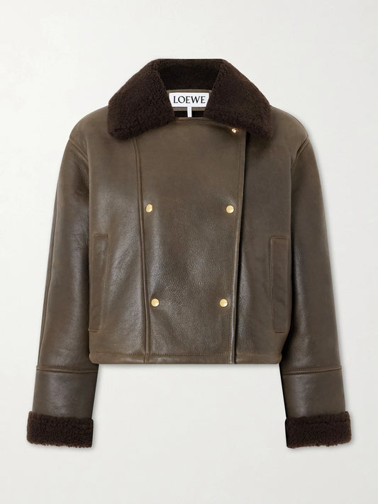 Image of Coats & Jackets. Product name - Double-breasted Shearling Jacket in Dark green colour by brand - LOEWE