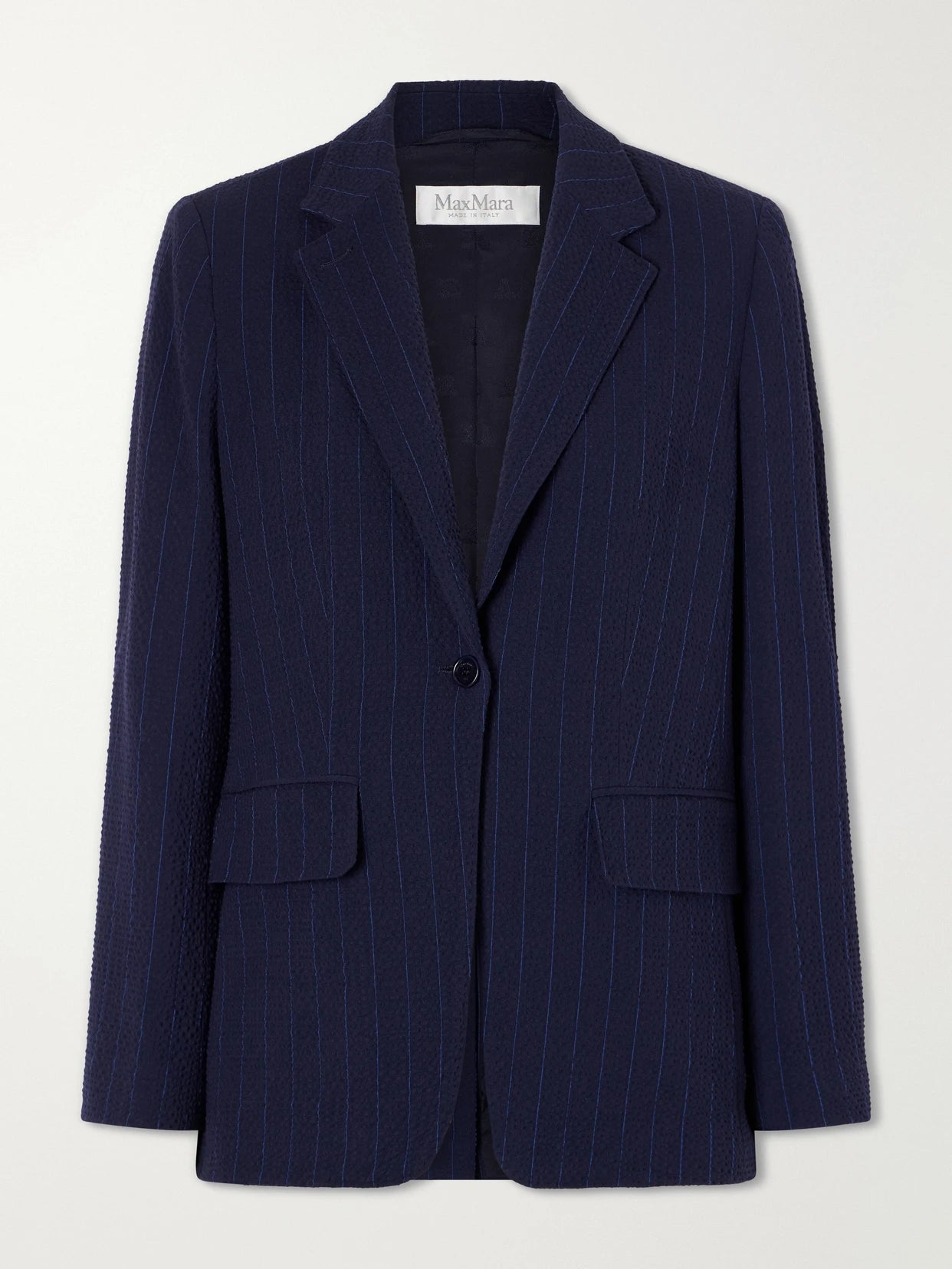 Image of Coats & Jackets. Product name - Pinstriped Wool-blend Seersucker Blazer in Navy colour by brand - Max Mara