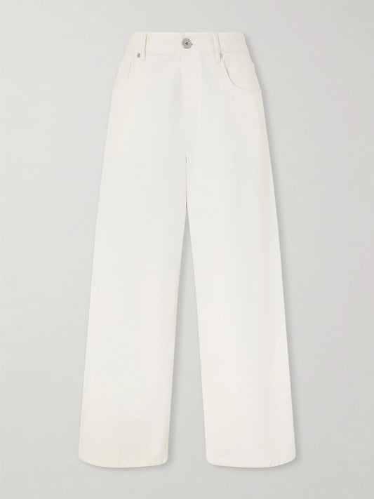 Image of Jeans. Product name - Embellished High-rise Wide-leg Jeans in White colour by brand - Brunello Cucinelli