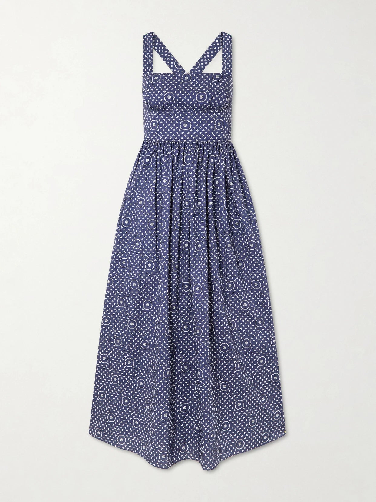Image of Dresses. Product name - Gathered Printed Organic Cotton Midi Dress in Blue colour by brand - Matteau