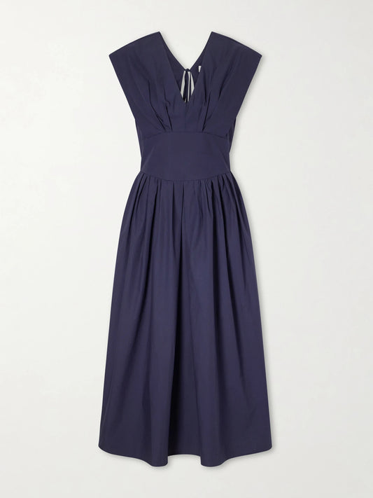 Image of Dresses. Product name - In Full Bloom Gathered Cotton-taffeta Midi Dress in Navy colour by brand - Rosie Assoulin