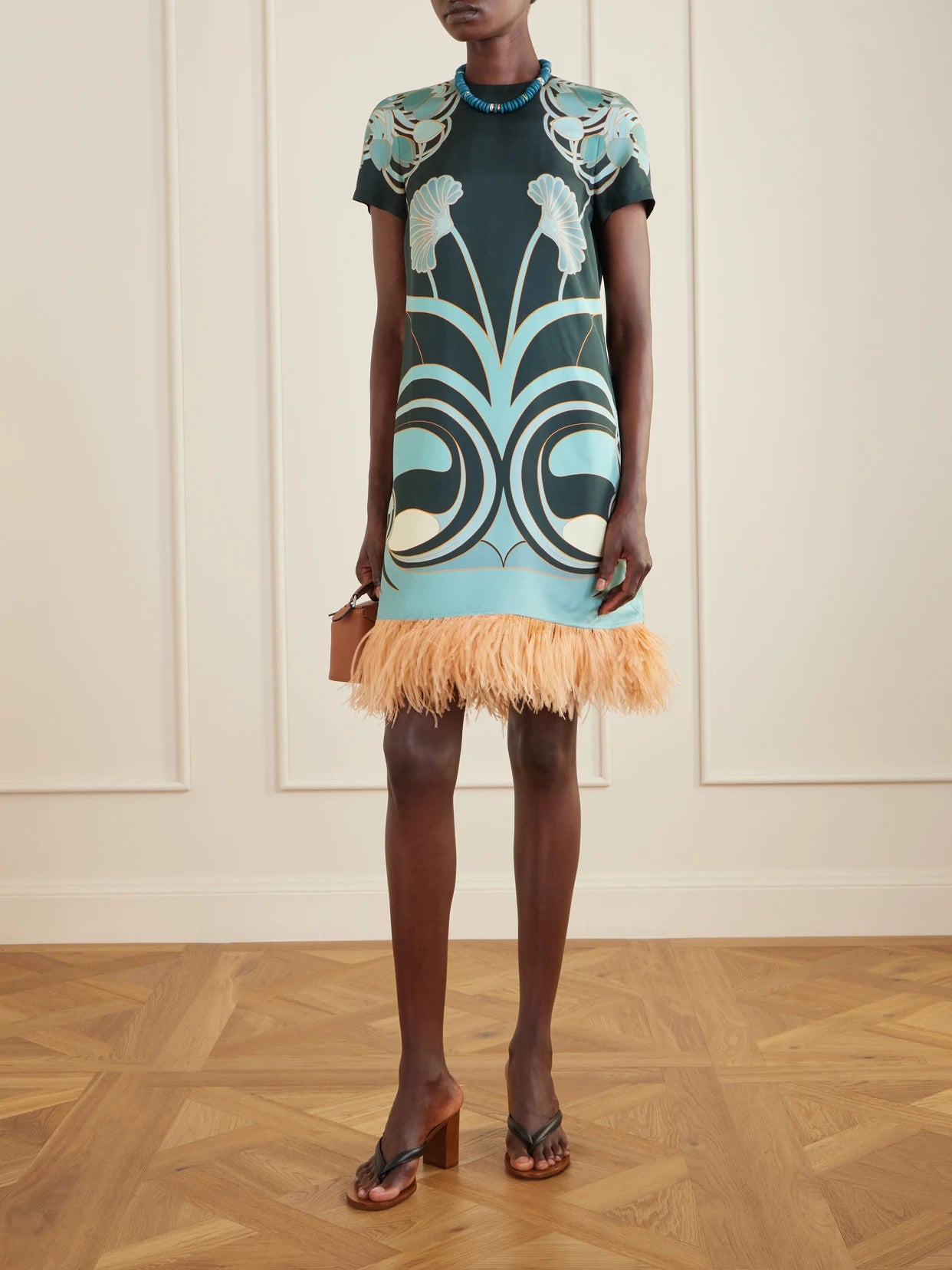 Image of Dresses. Product name - Swing Printed Feather-trimmed Silk-twill Mini Dress in Green colour by brand - La DoubleJ