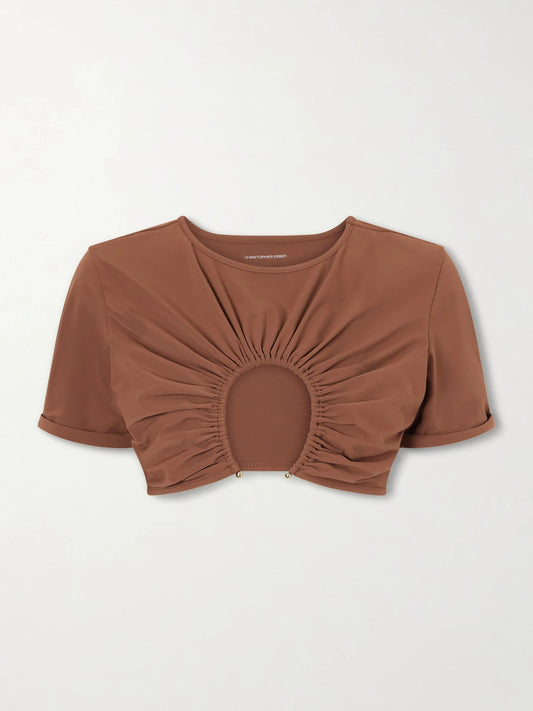 Image of Swimwear. Product name - U Prong Tee Bikini Top in Brown colour by brand - Christopher Esber