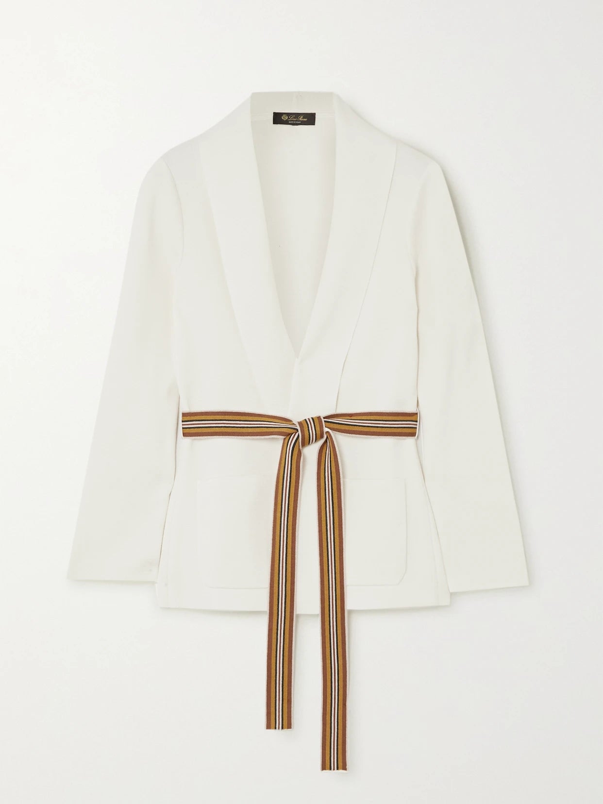 Image of a model wearing Outerwear. Product name - Belted Silk And Cotton-blend Cardigan in Ivory colour by brand - Loro Piana