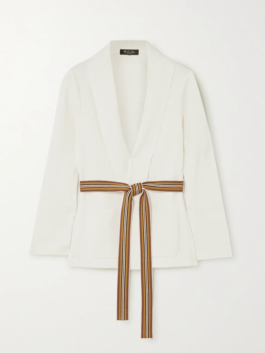 Image of a model wearing Outerwear. Product name - Belted Silk And Cotton-blend Cardigan in Ivory colour by brand - Loro Piana